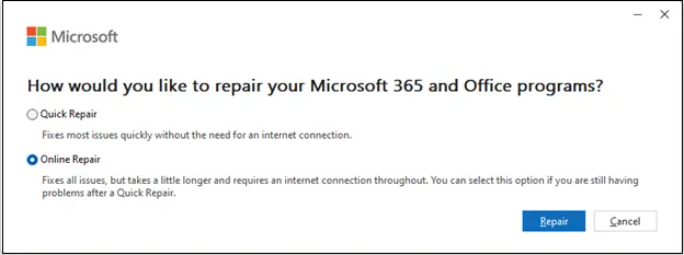How would you like to repair your Microsoft 365 and Office programs