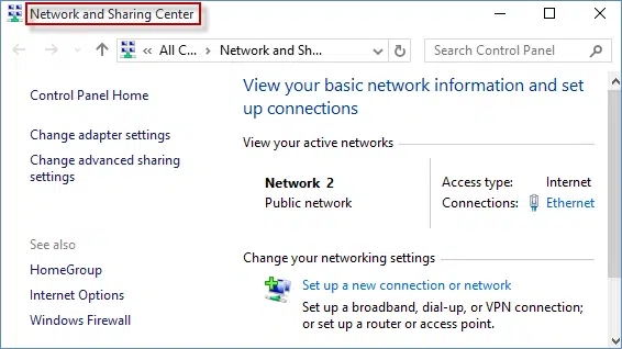 Network and sharing center