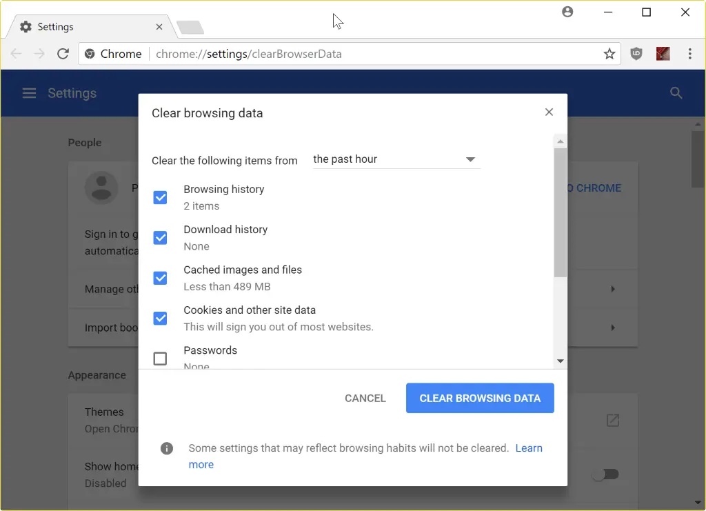 Clear browsing data google chrome