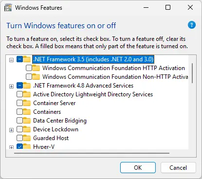 checkbox for .NET Framework 3.5 SP1