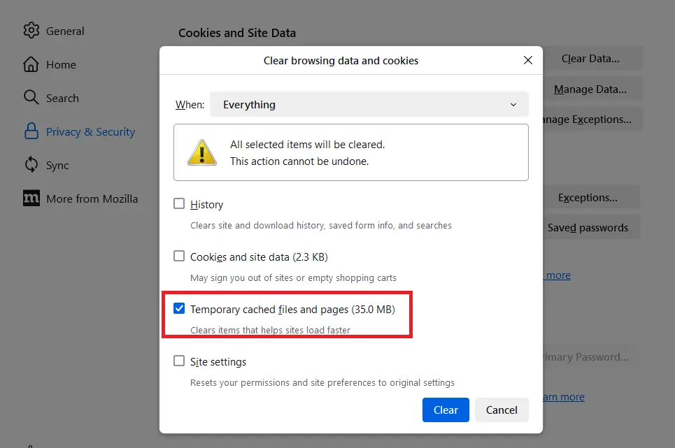 Clear browsing data and cookies