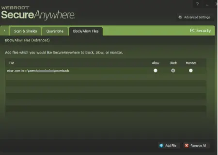 Add files which you would like secure Anywhere to block allow or monitor