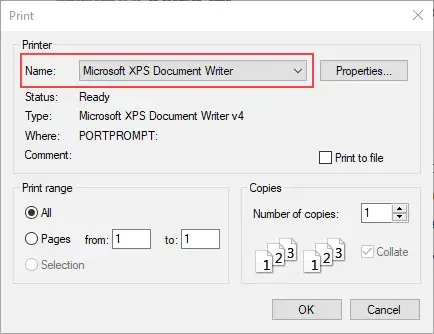 Choose XPS Document Writer