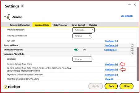 Norton Antivirus exclusions setting
