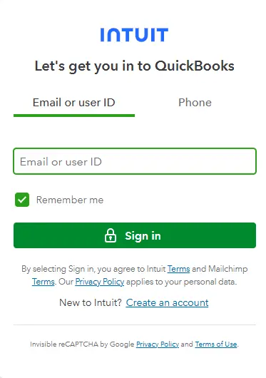 QuickBooks Online Sign in Page