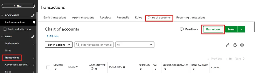 Choose Chart of Accounts and click Run report