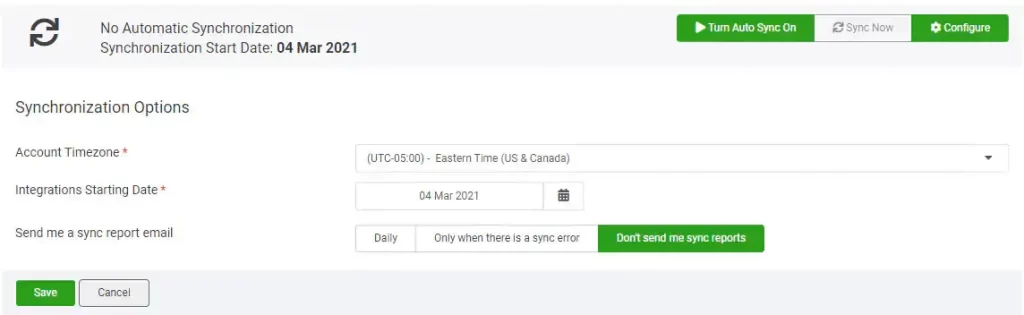 Email sync report options